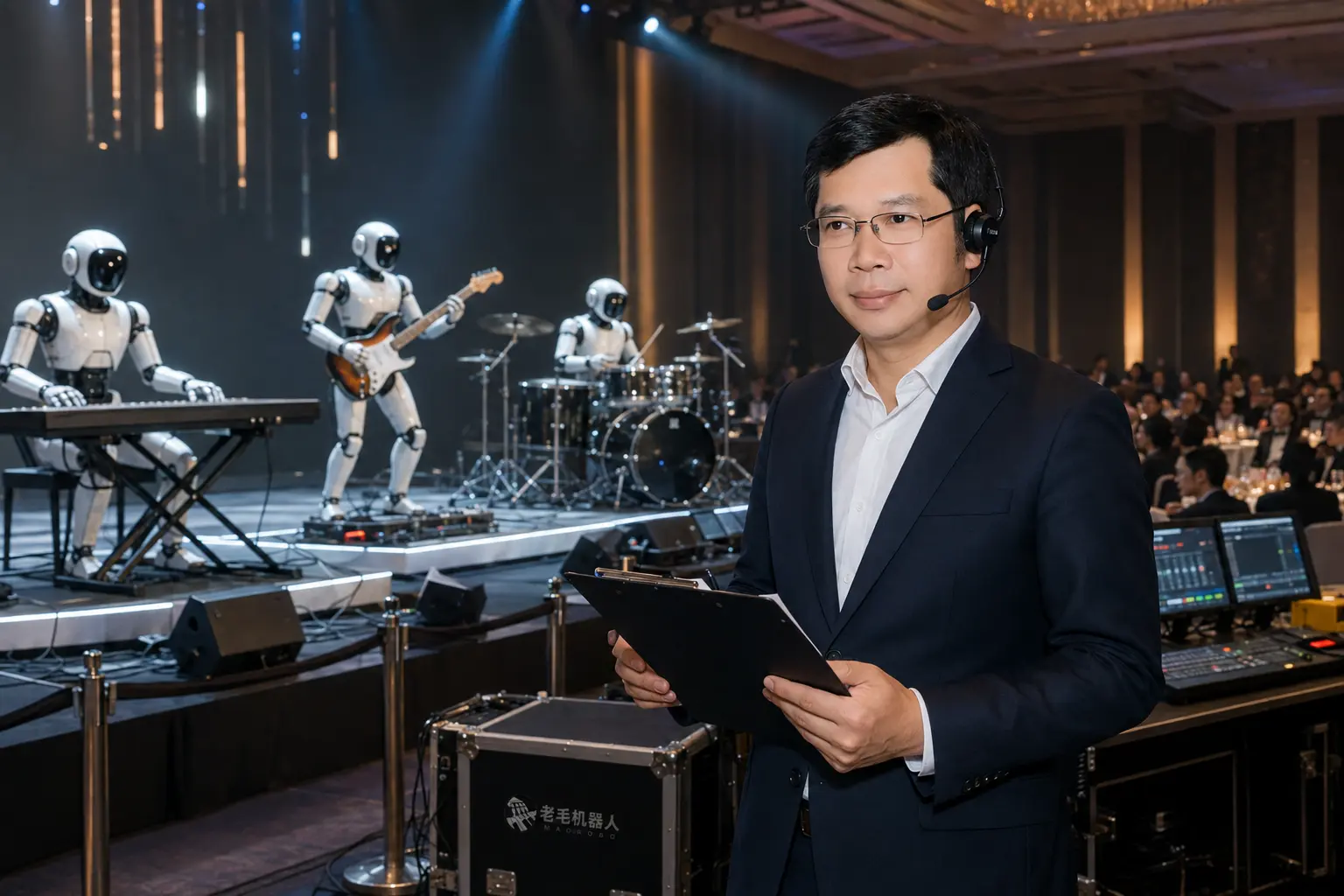 老毛在机器人演出现场统筹工作场景示意